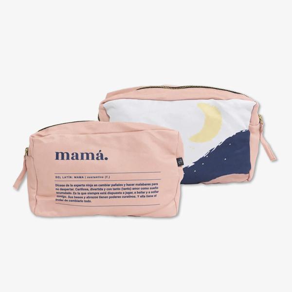 neceser mamá extraordinaria color salmón con diseño divertido y luna