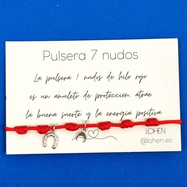Pulsera roja de protección 7 nudos con charms de plata Herradura de la suerte y luna
