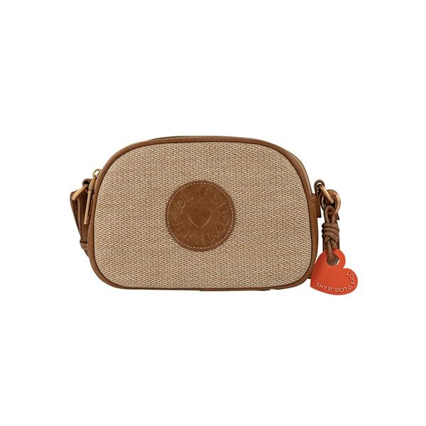Bolso bandolera doble de rafia Jacqueline de Lois color camel con doble compartimento y llavero de corazón