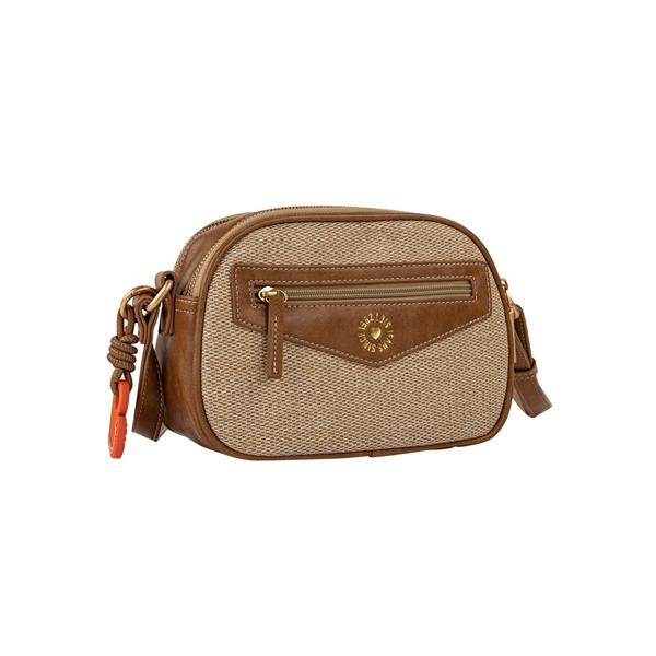 Vista trasera del Bolso bandolera doble de rafia Jacqueline de Lois color camel con doble compartimento