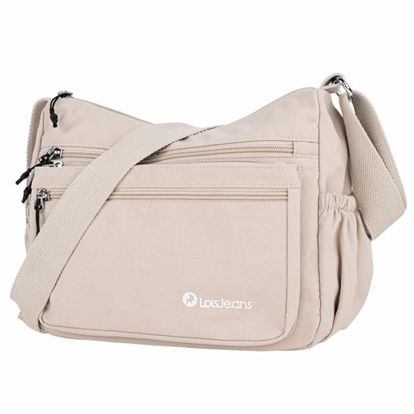 Bolso de trabajo Sophie de Lois en color beige tipo bandolera con múltiples bolsillos frontales y laterales