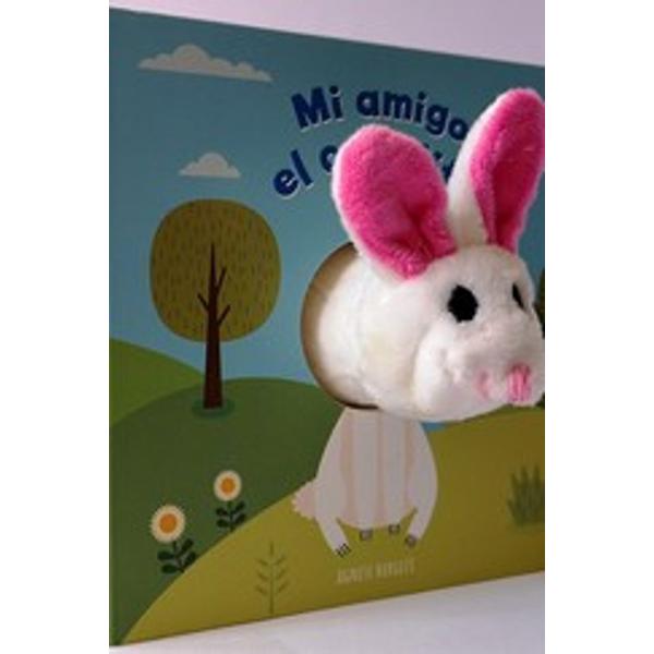 Portada del libro Mi amigo el conejito de Agnese Baruzzi con marioneta de dedo.