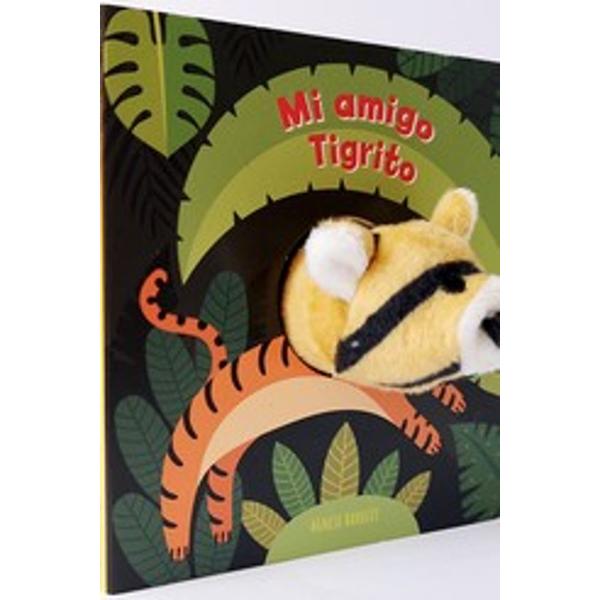 Portada del libro Mi amigo el tigrito de Agnese Baruzzi con marioneta de dedo.